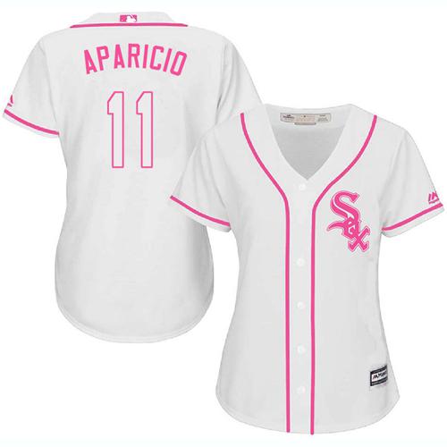 White Sox #11 Luis Aparicio White/Pink Fashion Women's Stitched MLB Jersey - Click Image to Close